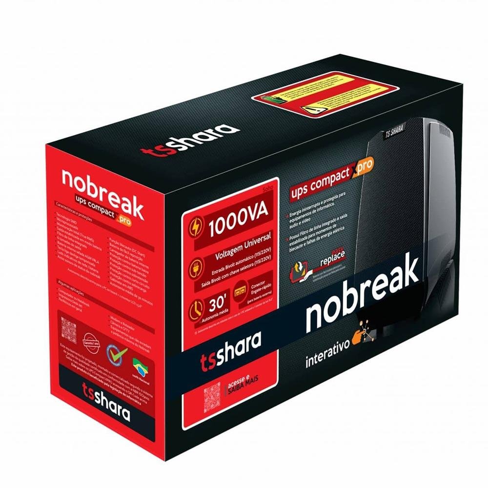 Imagem 4 de 5 do produto Nobreak TS Shara UPS Compact XPro 1000 Universal, Entrada Bivolt Automático, Saída Bivolt Selecionável 115V/220V, Preto - 4528