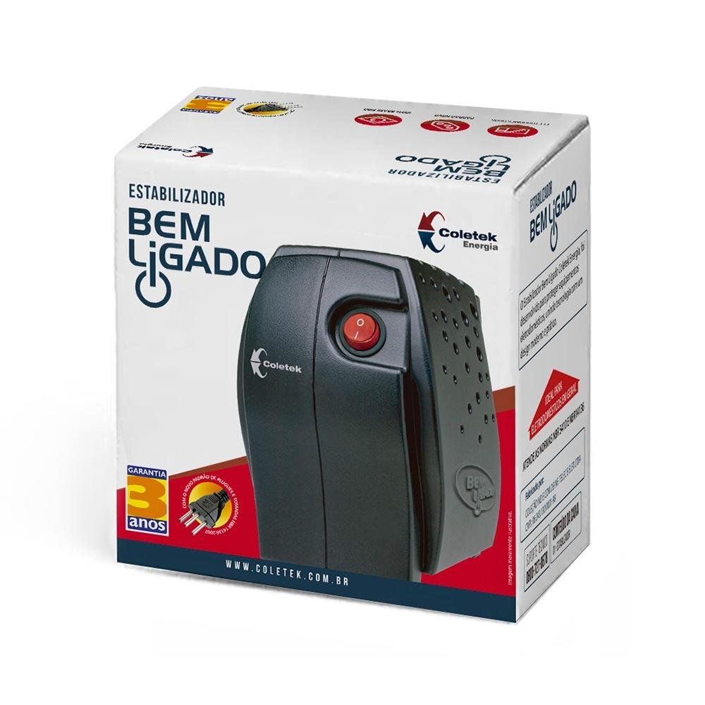 Estabilizador Coletek ES-300VA, Entrada Bivolt Manual, Saída 115V, 4 Tomadas, Preto - ES-300VA-BM