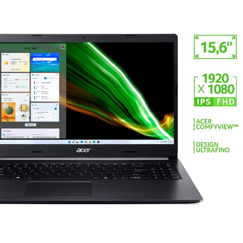 Imagem 3 de 7 do produto Notebook Acer Aspire 5 Intel Core i5-10210U, 8GB RAM, SSD 256GB, 15.6 Full HD, Windows 11, Preto - A515-54-505Q