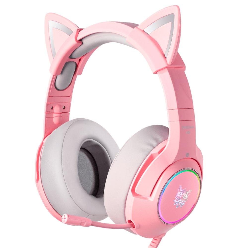 Headset Gamer Gatinho Onikuma K9, LED, Cancelamento de Ruído, USB, P2, Rosa