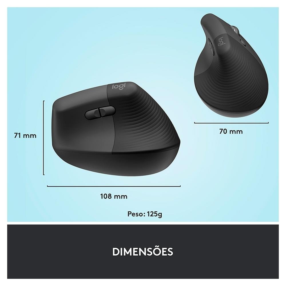 Mouse Sem Fio Logitech Lift, 4000 DPI, 6 Botões, Bluetooth, Ergonômico, USB, Grafite - 910-006466 - view 11
