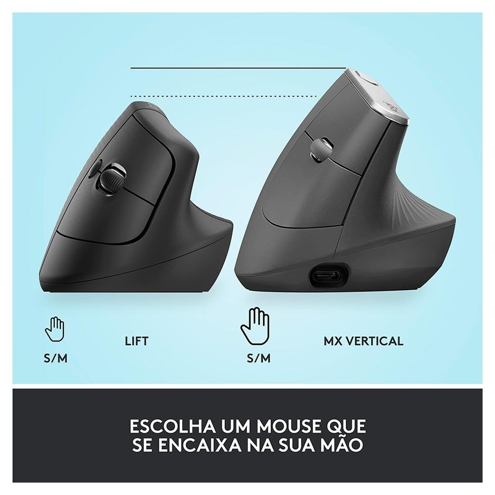 Mouse Sem Fio Logitech Lift, 4000 DPI, 6 Botões, Bluetooth, Ergonômico, USB, Grafite - 910-006466 - view 10