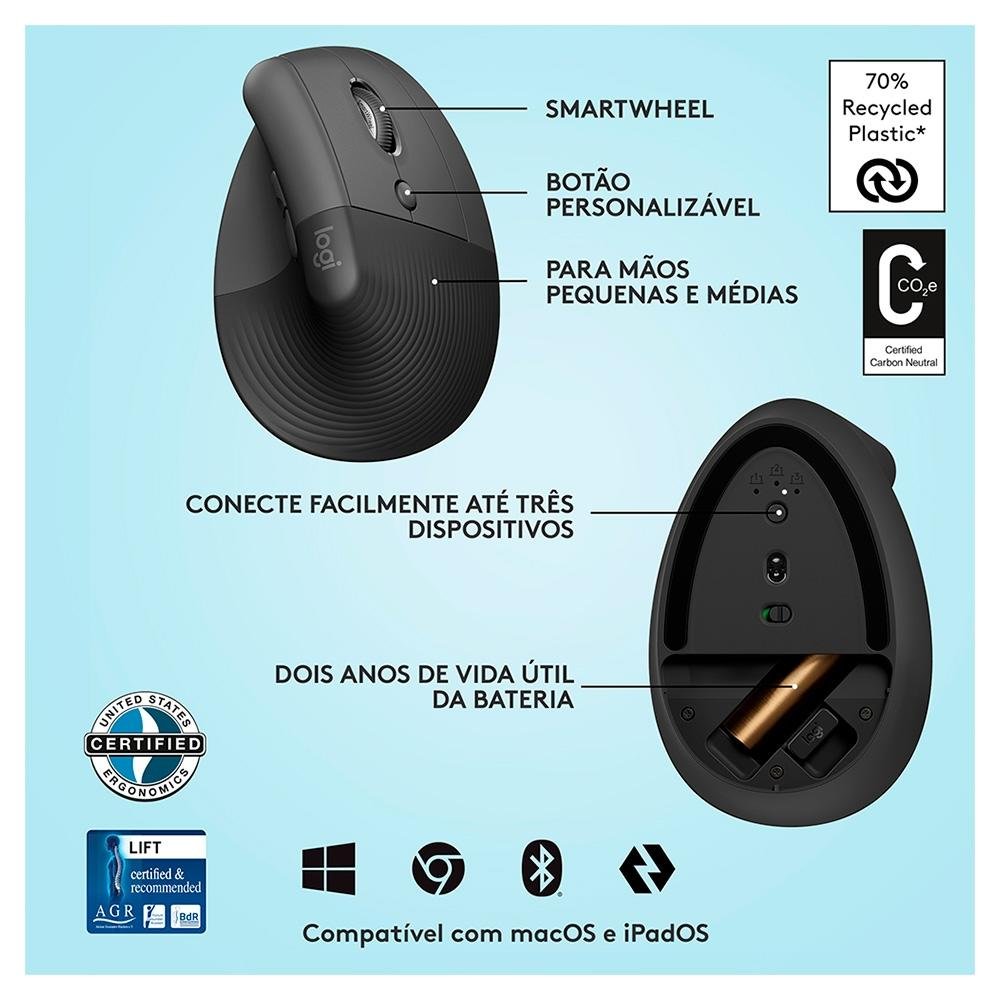Mouse Sem Fio ( Balão.info) Lift, 4000 DPI, 6 Botões, Bluetooth, Ergonômico, USB, Grafite - 910-( Balão.info - foto 9