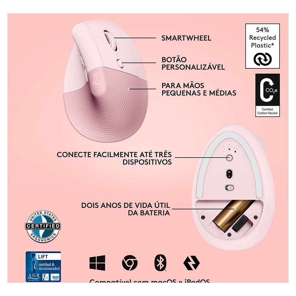 Mouse Sem Fio Logitech Lift, 4000 DPI, 6 Botões, Bluetooth, Ergonômico, USB, Rose - 910-006472 - view 14