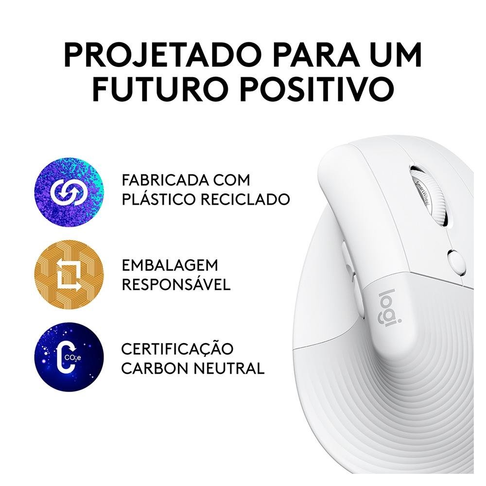 Imagem 19 de 23 do produto Mouse Sem Fio Logitech Lift, 4000 DPI, 6 Botões, Bluetooth, Ergonômico, USB, Branco - 910-006469