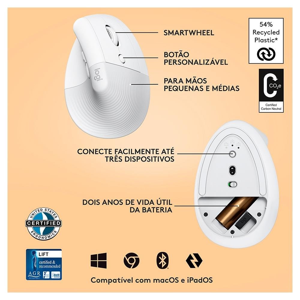 Imagem 18 de 23 do produto Mouse Sem Fio Logitech Lift, 4000 DPI, 6 Botões, Bluetooth, Ergonômico, USB, Branco - 910-006469