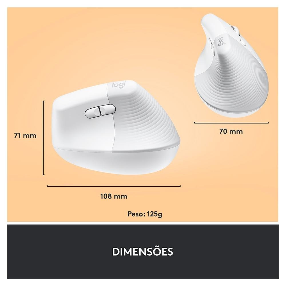 Imagem 15 de 23 do produto Mouse Sem Fio Logitech Lift, 4000 DPI, 6 Botões, Bluetooth, Ergonômico, USB, Branco - 910-006469