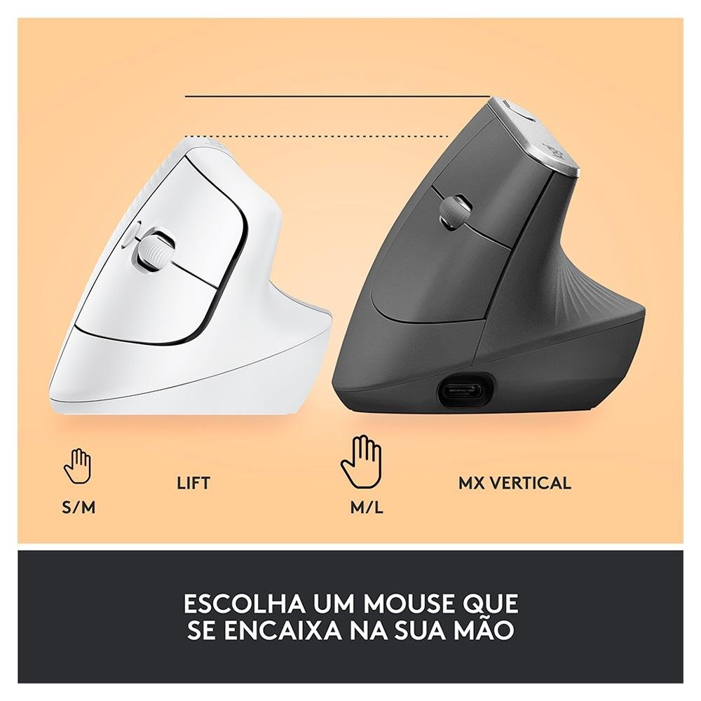 Imagem 14 de 23 do produto Mouse Sem Fio Logitech Lift, 4000 DPI, 6 Botões, Bluetooth, Ergonômico, USB, Branco - 910-006469