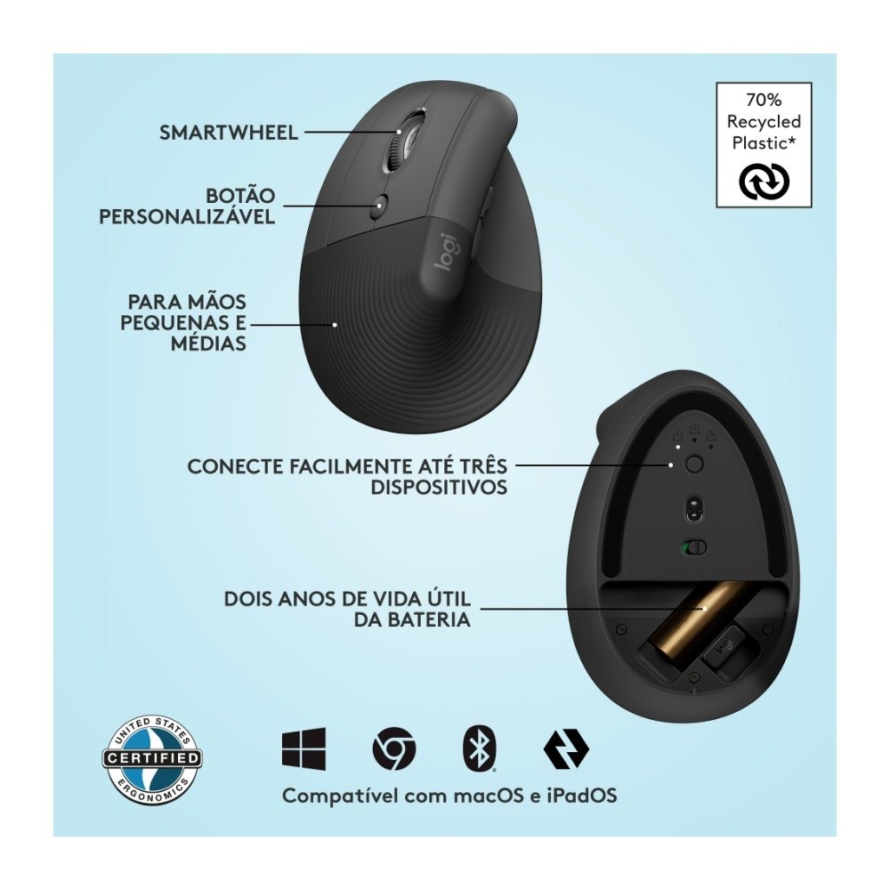 Mouse Sem Fio ( Balão.info) Lift para Canhoto, 4000 DPI, 6 Botões, Bluetooth, Ergonômico, USB, Grafite - 910-( Balão.info - foto 6