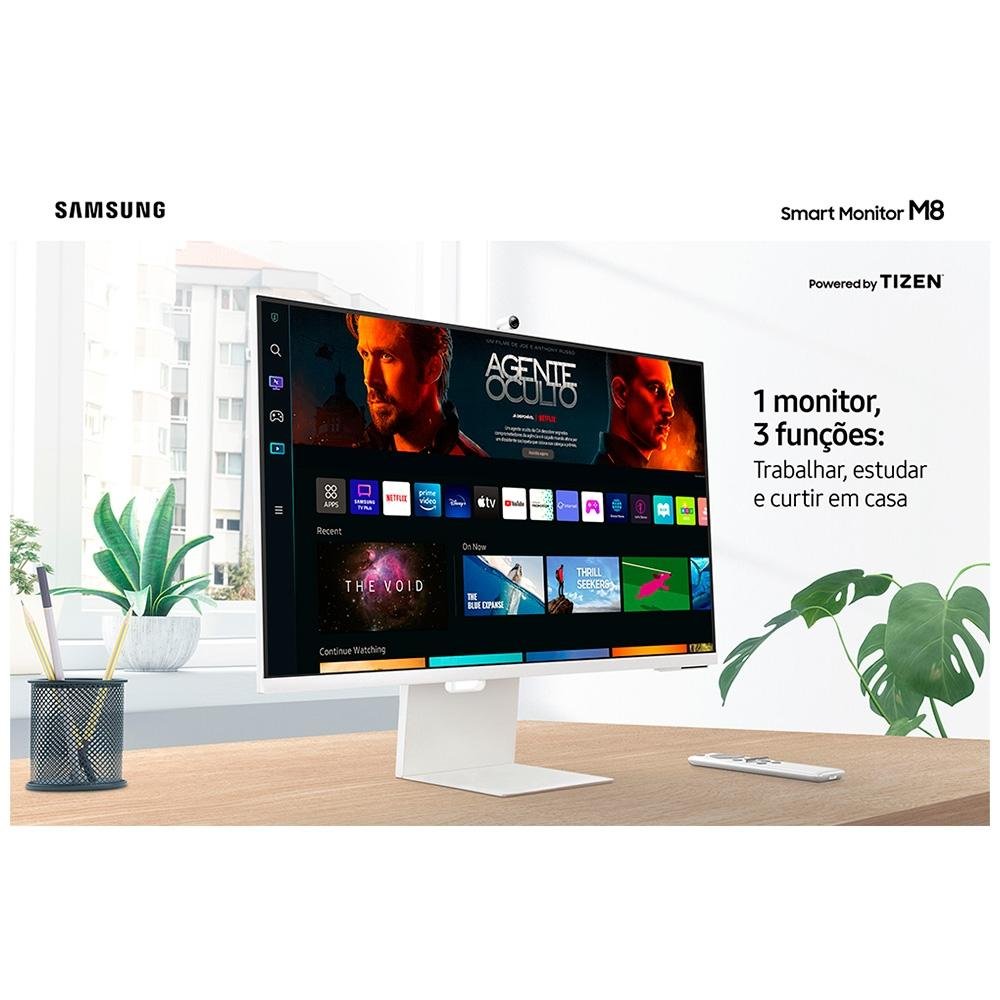 Imagem 2 de 14 do produto Monitor Smart Samsung M8 32" IPS 4K UHD, HDR 10, HDMI/USB-C, Tizen, WebCam, Bluetooth, WiFi, AirPlay 2, VESA, Branco - LS32BM801ULXZD