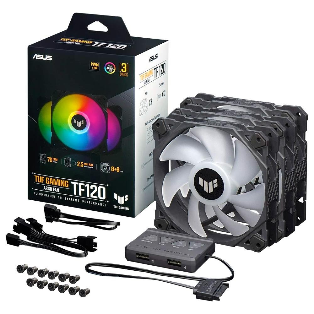 Imagem 10 de 18 do produto Kit com 3 Ventoinhas ASUS TUF Gaming TF120, 120mm, Led ARGB, Preto - 90DA0030-B00030