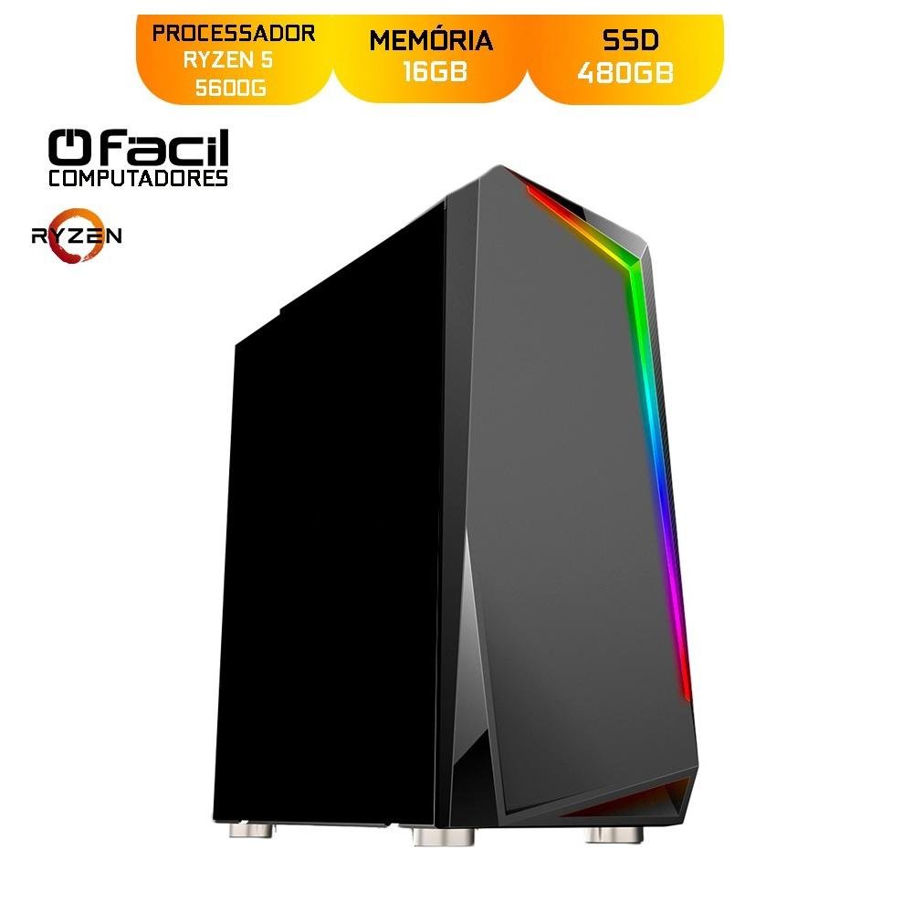Imagem 2 de 7 do produto PC Gamer Fácil AMD Ryzen 5-5600G, RGB, 16GB RAM, SSD 480GB, Linux, Preto - 18343