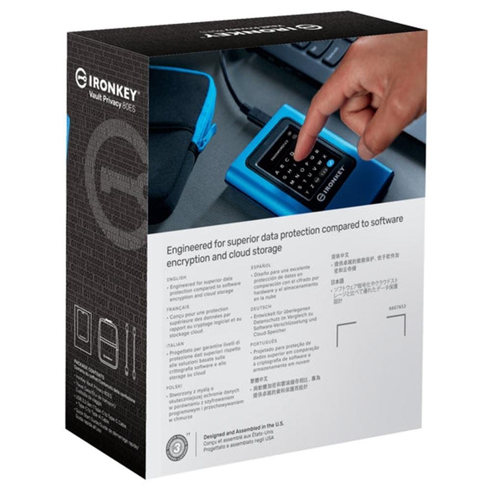 Imagem 3 de 5 do produto SSD Kingston IronKey Vault Privacy 80, 960GB, Portátil, USB 3.2 Gen 1, Leitura: 250 MB/s, Gravação: 250 MB/s, Azul - IKVP80ES/960G