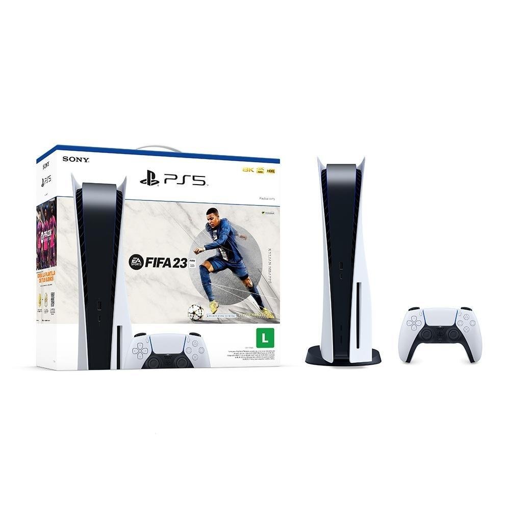 Console Sony PlayStation 5, SSD 825GB, Controle sem fio DualSense, Com Mídia Física + FIFA 23, Branco Console Sony PlayStation 5, SSD 825GB, Controle sem fio DualSense, Com Mídia Física + FIFA 23, Branco