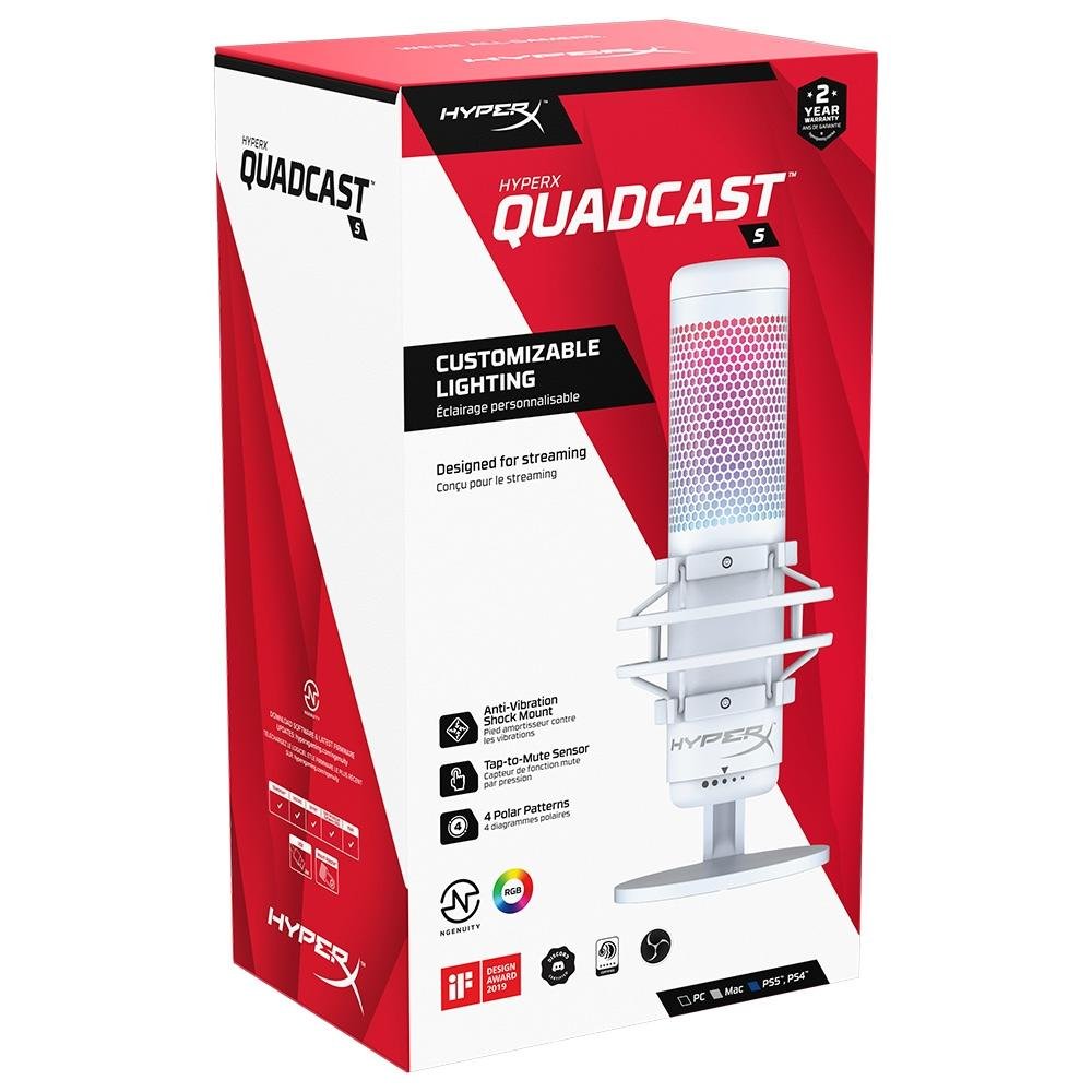 Imagem 14 de 16 do produto Microfone Gamer HyperX QuadCast S Podcast, Antivibração, LED RGB, USB, Compatível com PC, PS4 e Mac, Branco - 519P0AA