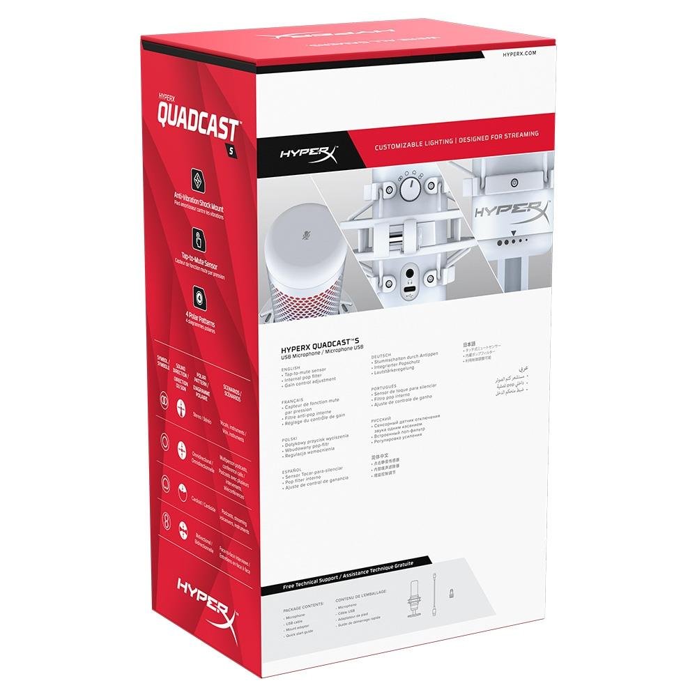 Imagem 15 de 16 do produto Microfone Gamer HyperX QuadCast S Podcast, Antivibração, LED RGB, USB, Compatível com PC, PS4 e Mac, Branco - 519P0AA