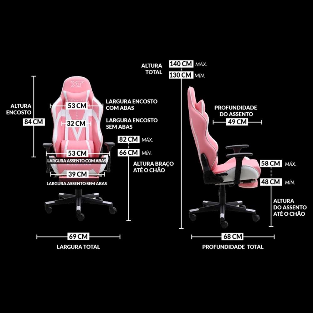 Imagem 9 de 9 do produto Cadeira Gamer XT Racer Viking Series, Até 120kg, Com Almofadas e Apoio de Pés, Reclinável, Descanso de Braço 3D, Rosa e Branco - XTR-023