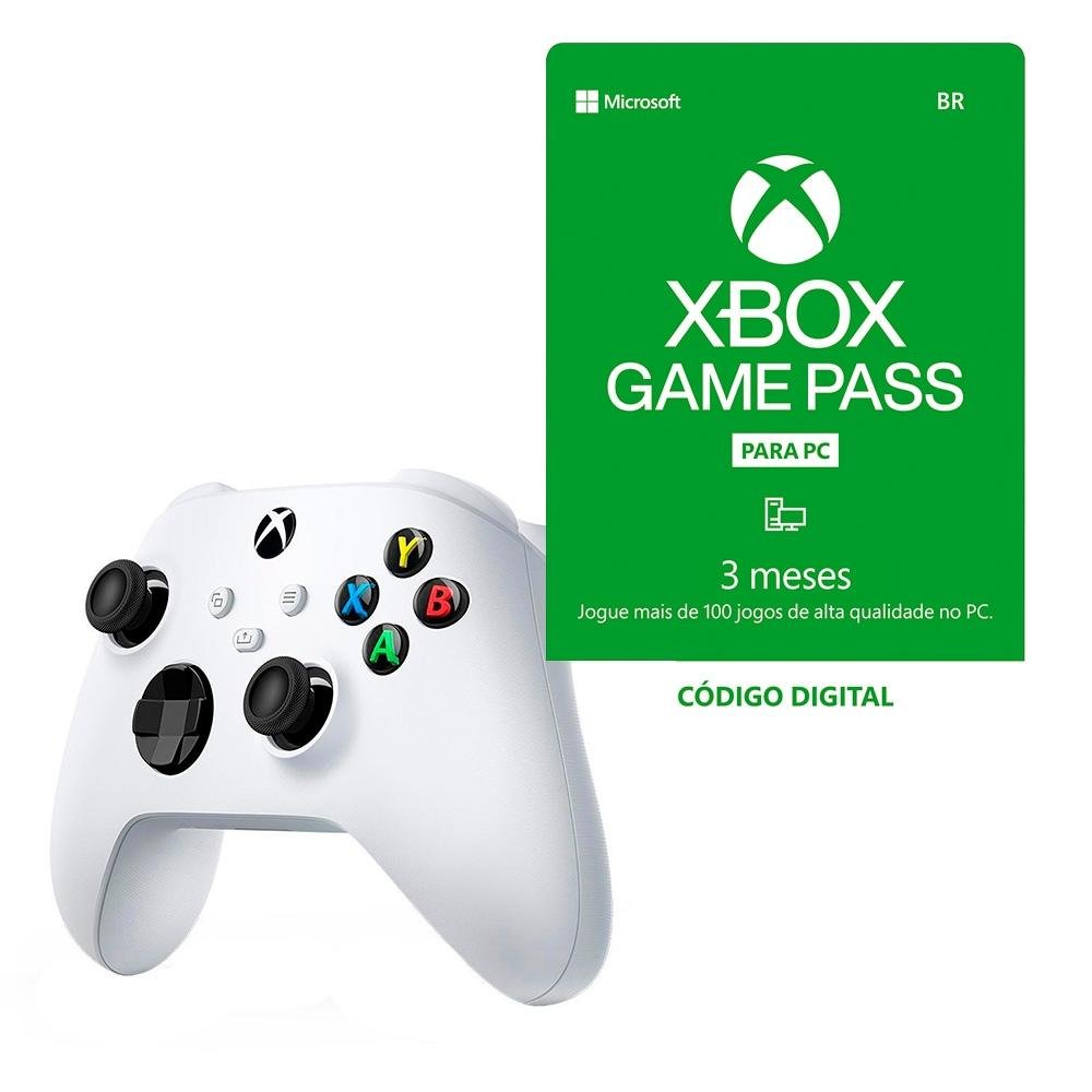 Kit Controle Sem Fio Xbox Robot White + Gift Card PC Game Pass - 3 Meses -  Código Digital Xbox