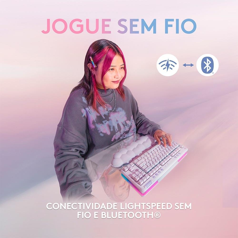 Imagem 3 de 8 do produto Teclado Mecânico Gamer Sem Fio Logitech G715, Coleção Aurora, LIGHTSPEED Switch GX Linear Red, RGB, ABNT2, Branco - 920-010706