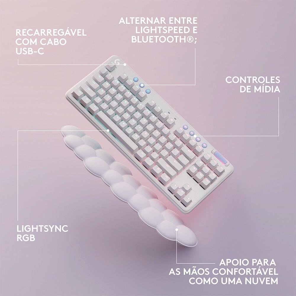 Imagem 6 de 8 do produto Teclado Mecânico Gamer Sem Fio Logitech G715, Coleção Aurora, LIGHTSPEED Switch GX Linear Red, RGB, ABNT2, Branco - 920-010706