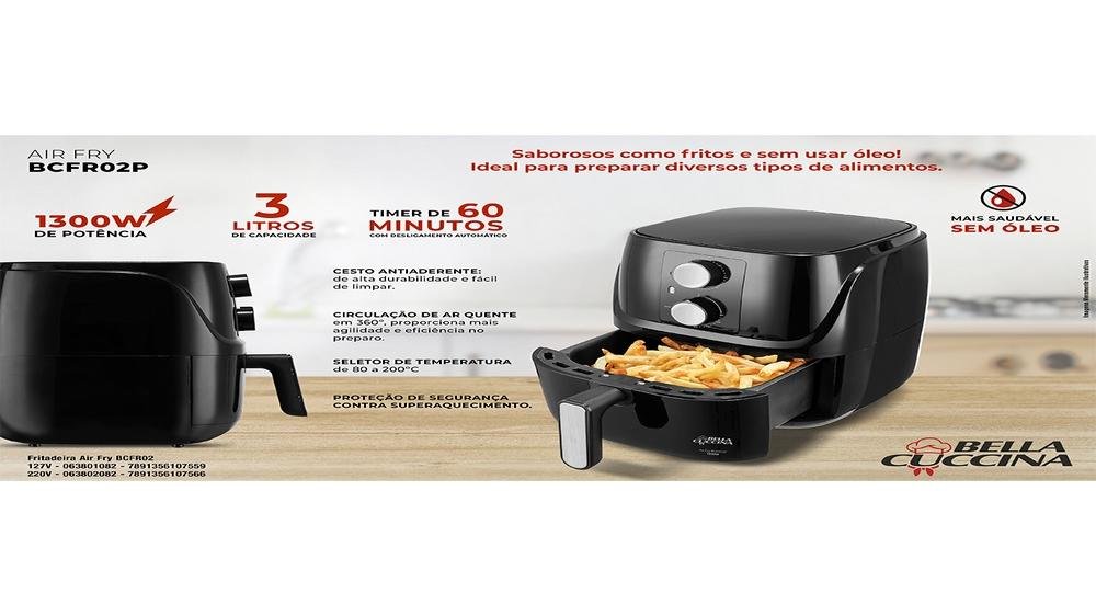 Imagem 14 de 14 do produto Fritadeira Air Fryer Sem Óleo Britânia, Bella Cuccina BCFR02P 3L, 1300W, 127V, Antiaderente, Preto - 63801082