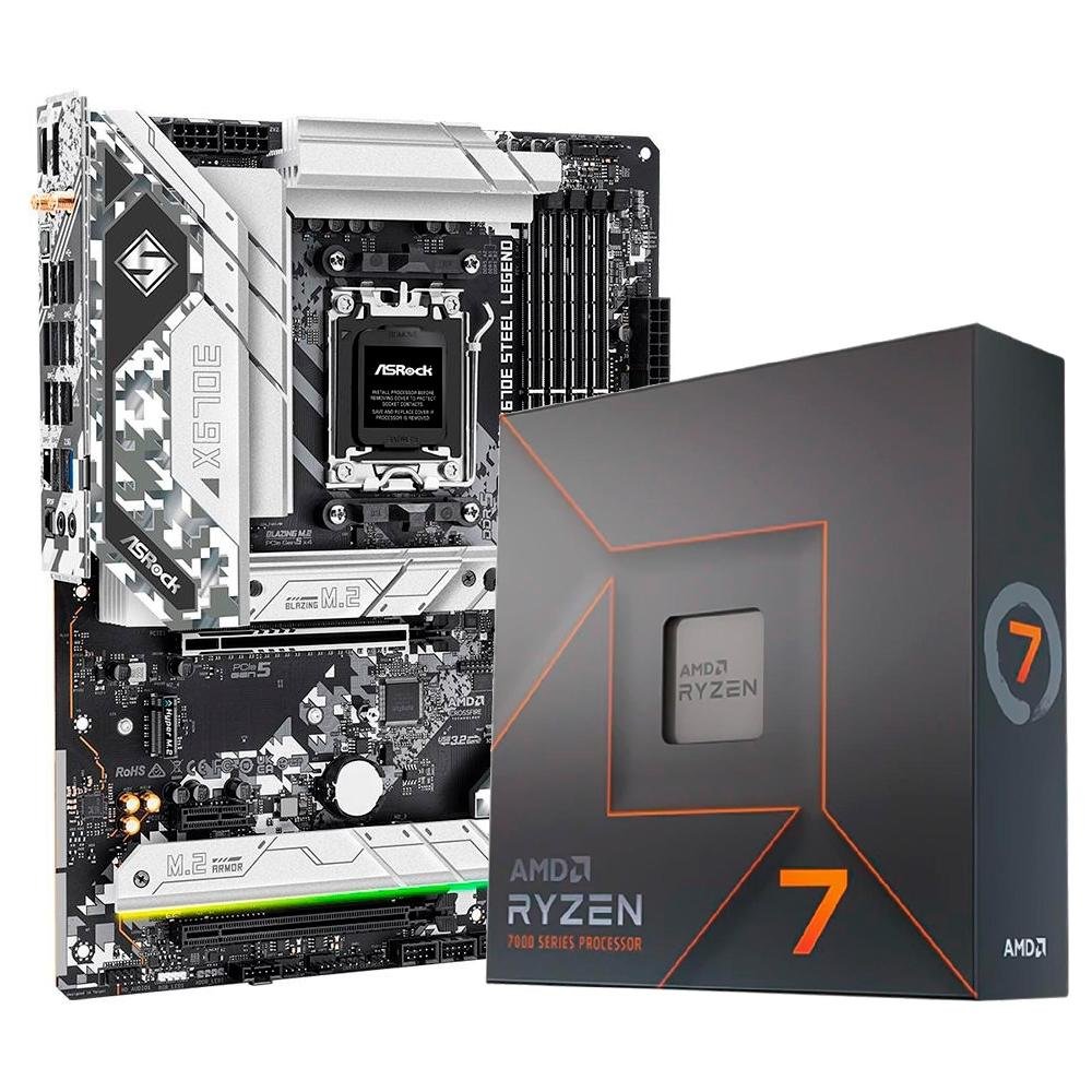 Kit Processador AMD Ryzen 7 7700X AM5 + Placa-Mãe Asrock X670E