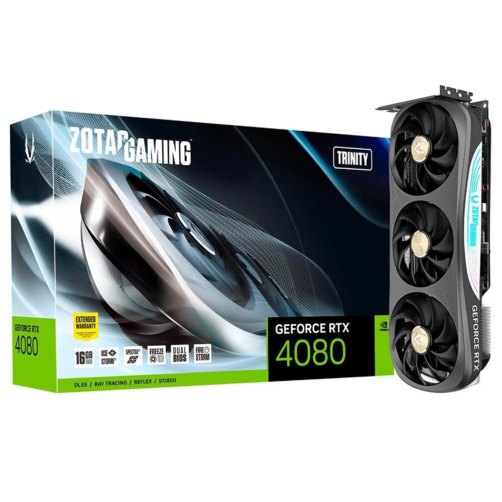 Placa de Vídeo RTX 4080 Trinity ZOTAC GeForce, 16 GB GDDR6X, DLSS, Ray Tracing - ZT-D40810D-10P