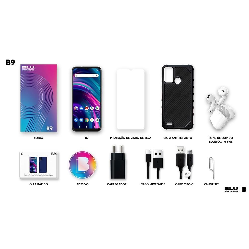 Imagem 2 de 6 do produto Smartphone Blu B9, 4G, 128 GB, 4GB RAM, Octa Core, Câmera Tripla 13MP, Tela 6.5 + Fone Bluetooth, Azul - B9 BRAZIL BLUE