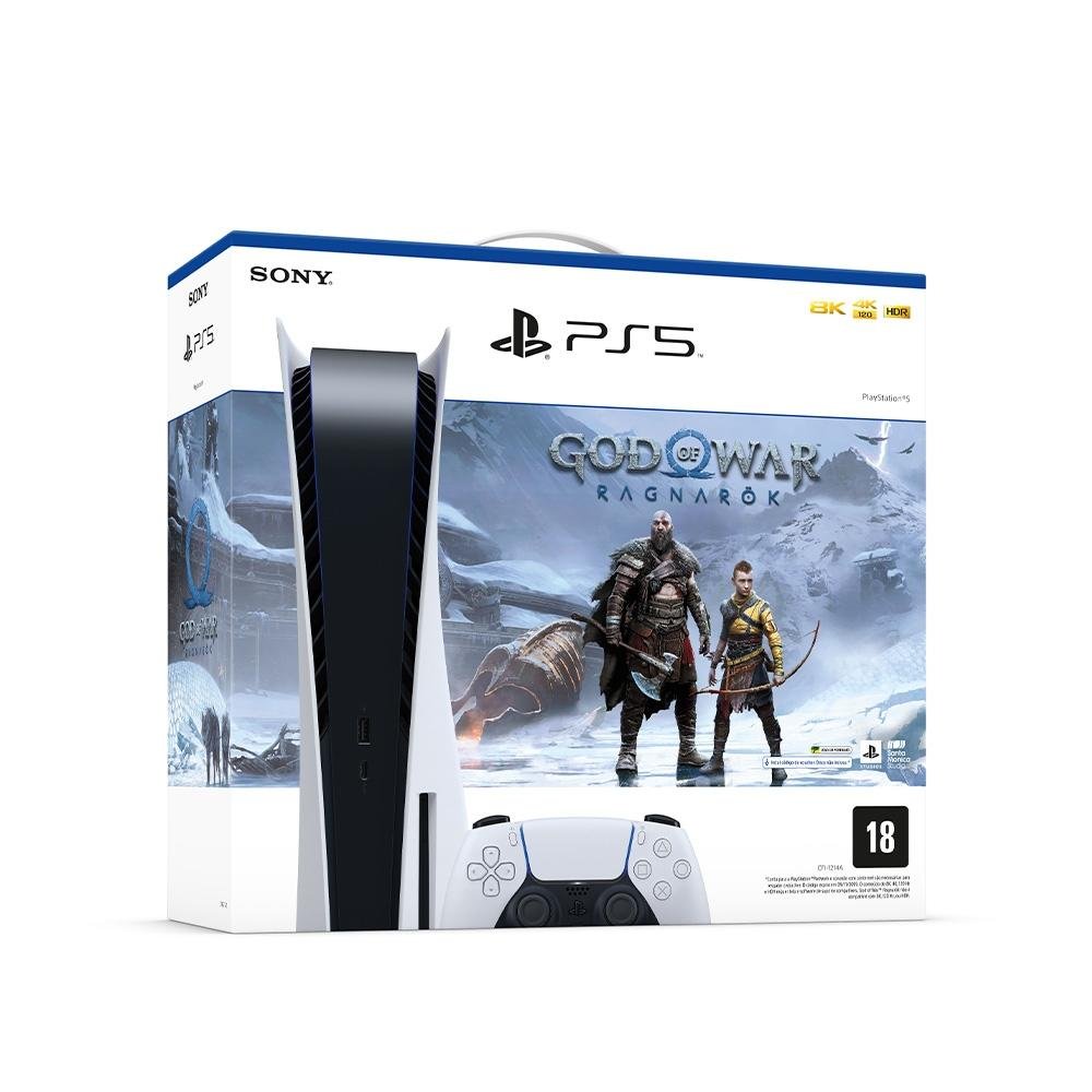 Console Sony Playstation 5, SSD 825GB, Controle sem fio DualSense, Com Mídia Física + God of War Ragnarök, Branco Console Sony Playstation 5, SSD 825GB, Controle sem fio DualSense, Com Mídia Física + God of War Ragnarök, Branco