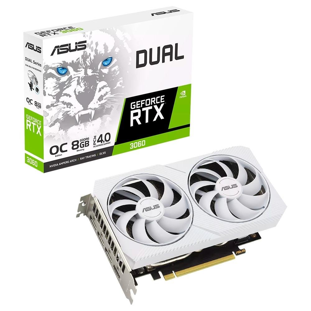 Placa de Vídeo RTX 3060 White OC Edition Asus NVIDIA Dual GeForce, 8 GB GDDR6, DLSS, Ray Tracing - DUAL-RTX3060-O8G-WHITE Placa de Vídeo RTX 3060 White OC Edition Asus NVIDIA Dual GeForce, 8 GB GDDR6, DLSS, Ray Tracing - DUAL-RTX3060-O8G-WHITE