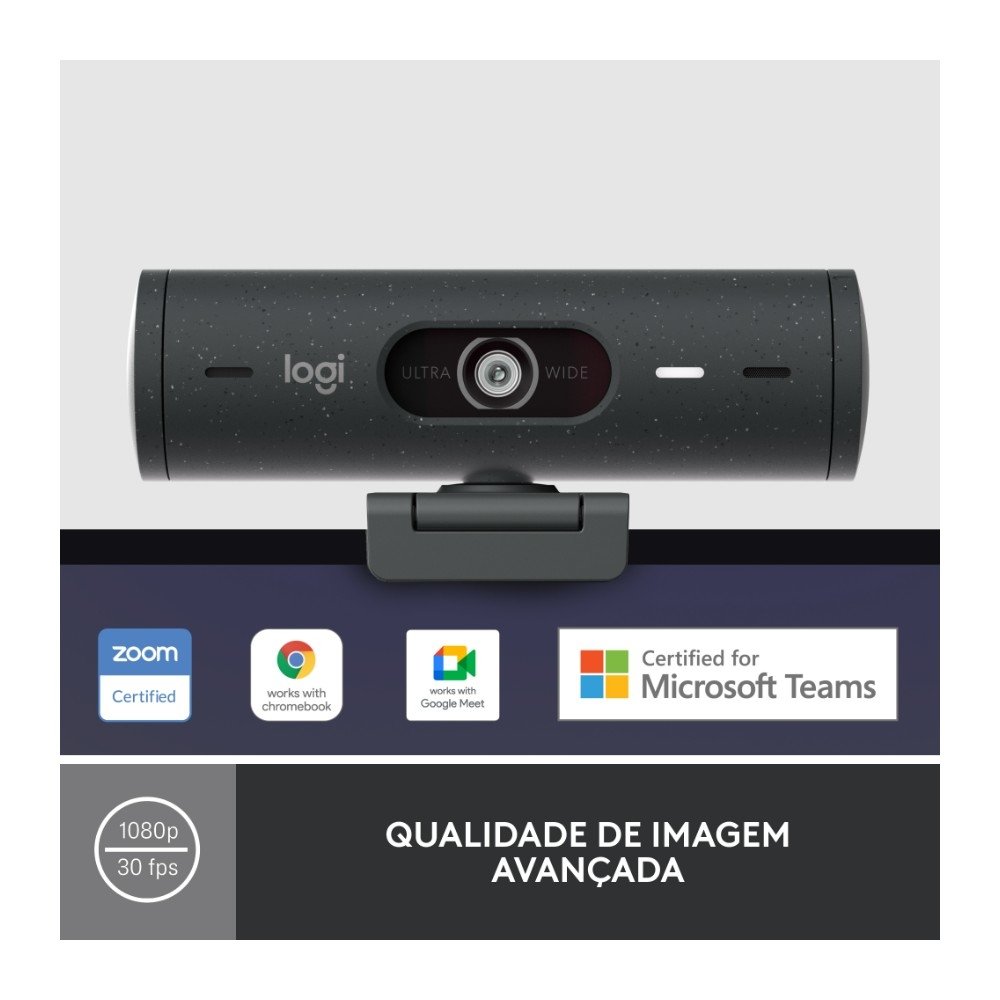 Webcam + Suporte Logitech Brio 500 Full HD, 1080p, 30 FPS, com Microfones Duplos, USB, Suporte Incluso, Grafite - 960-001412 Webcam + Suporte Logitech Brio 500 Full HD, 1080p, 30 FPS, com Microfones Duplos, USB, Suporte Incluso, Grafite - 960-001412
