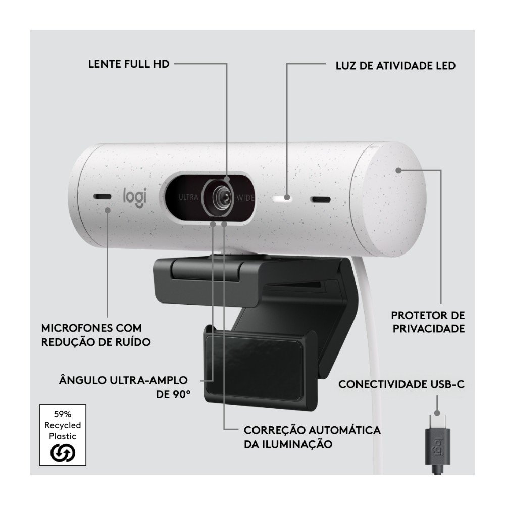 Webcam + Suporte Logitech Brio 500 Full HD, 1080p, 30 FPS, com Microfones Duplos, USB, Suporte Incluso, Branco - 960-001426 - view 8