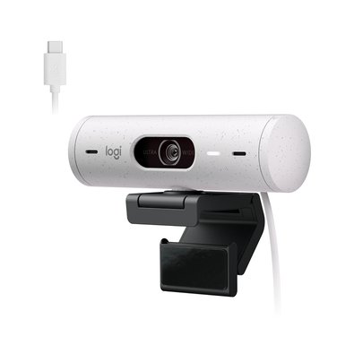 Webcam + Suporte Logitech Brio 500 Full HD, 1080p, 30 FPS, com Microfones Duplos, USB, Suporte Incluso, Branco - 960-001426