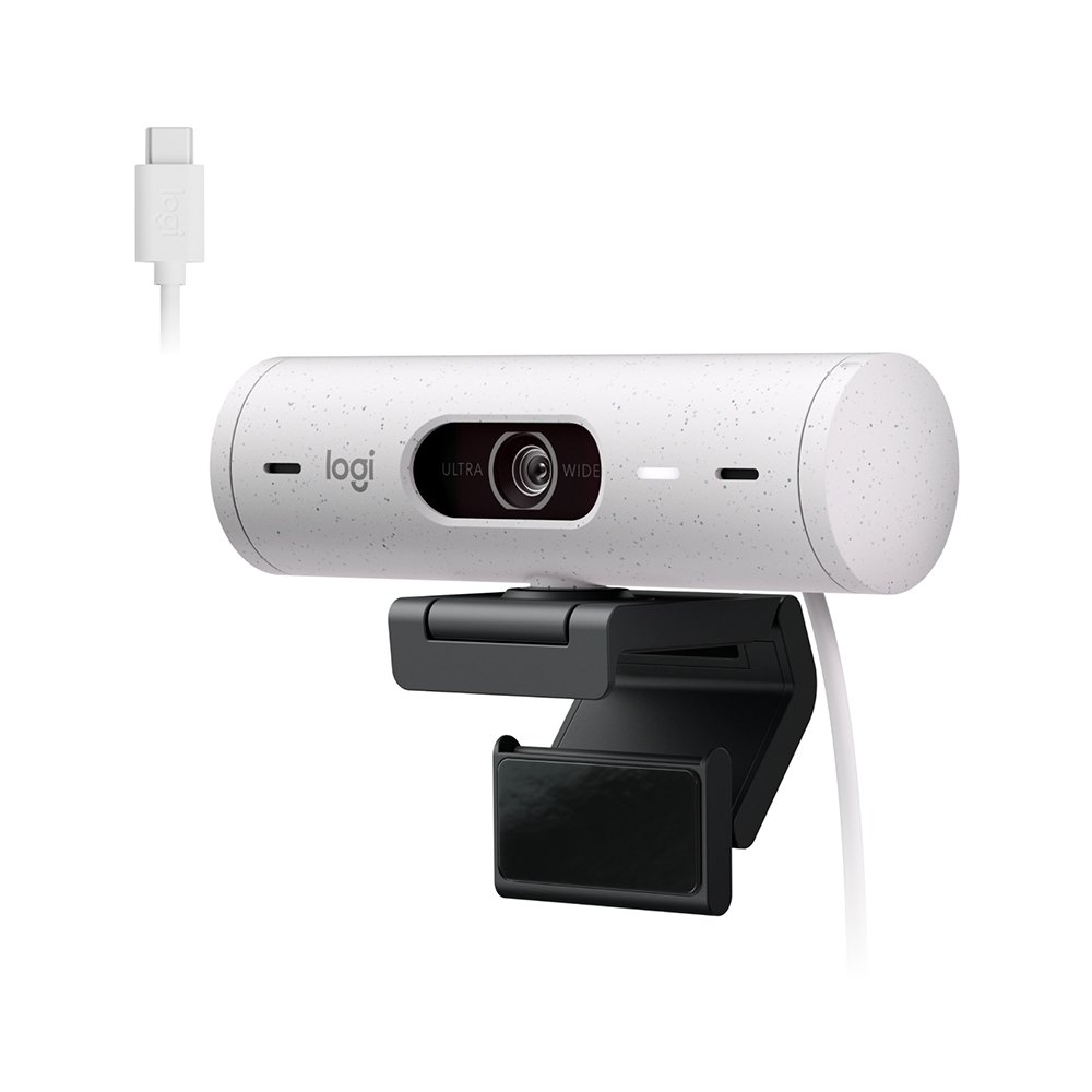 Webcam + Suporte Logitech Brio 500 Full HD, 1080p, 30 FPS, com Microfones Duplos, USB, Suporte Incluso, Branco - 960-001426