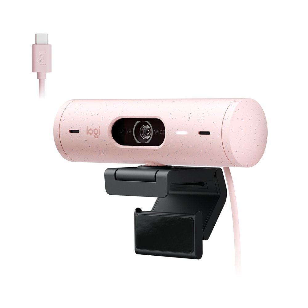 Webcam + Suporte Logitech Brio 500 Full HD, 1080p, 30 FPS, com Microfones Duplos, USB, Suporte Incluso, Rosa - 960-001418