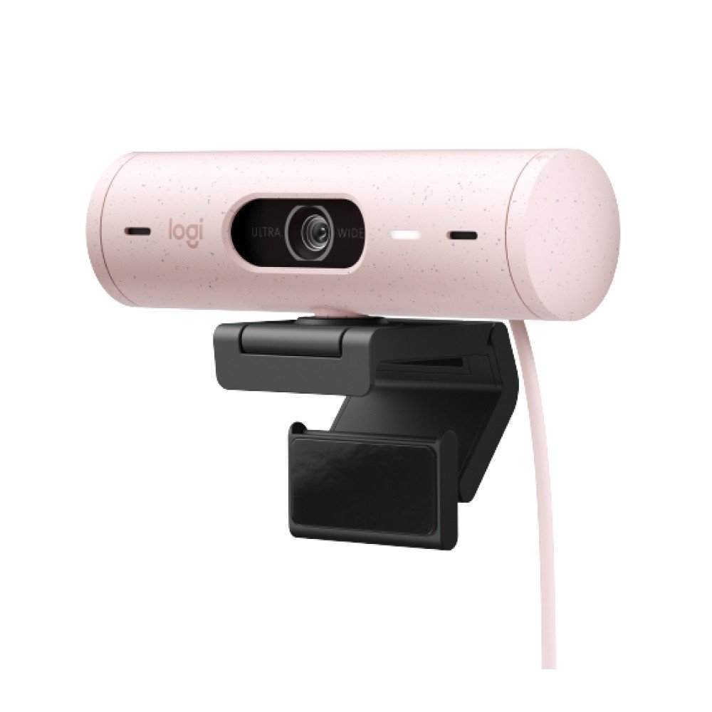 Webcam + Suporte Logitech Brio 500 Full HD, 1080p, 30 FPS, com Microfones Duplos, USB, Suporte Incluso, Rosa - 960-001418