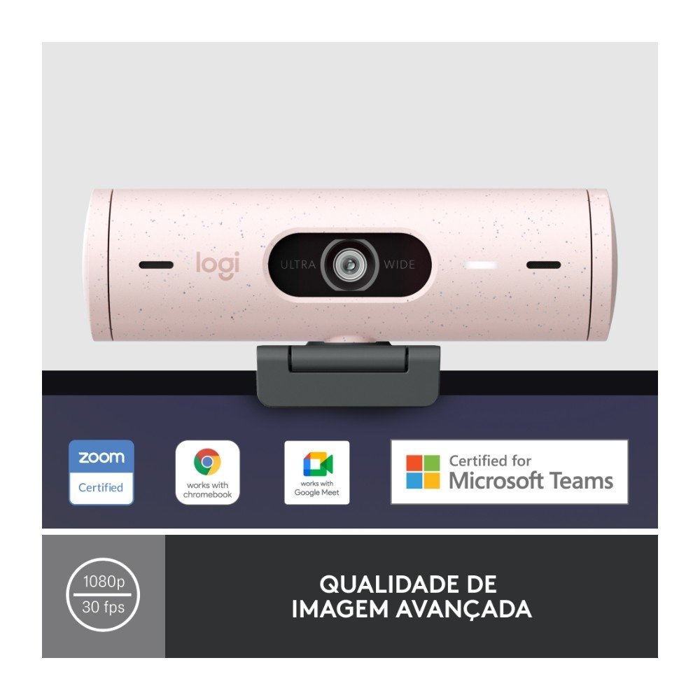 Webcam + Suporte Logitech Brio 500 Full HD, 1080p, 30 FPS, com Microfones Duplos, USB, Suporte Incluso, Rosa - 960-001418