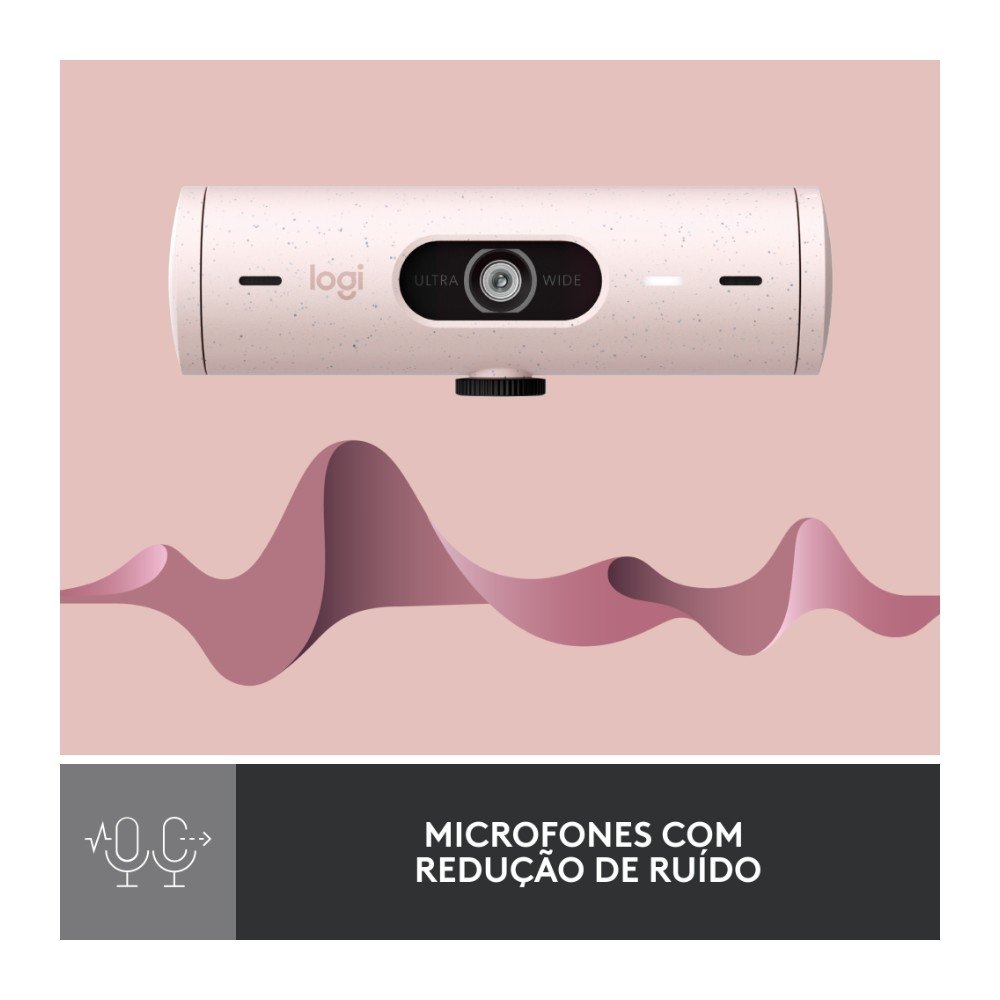 Webcam + Suporte Logitech Brio 500 Full HD, 1080p, 30 FPS, com Microfones Duplos, USB, Suporte Incluso, Rosa - 960-001418