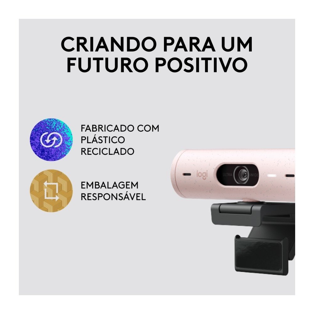 Webcam + Suporte Logitech Brio 500 Full HD, 1080p, 30 FPS, com Microfones Duplos, USB, Suporte Incluso, Rosa - 960-001418