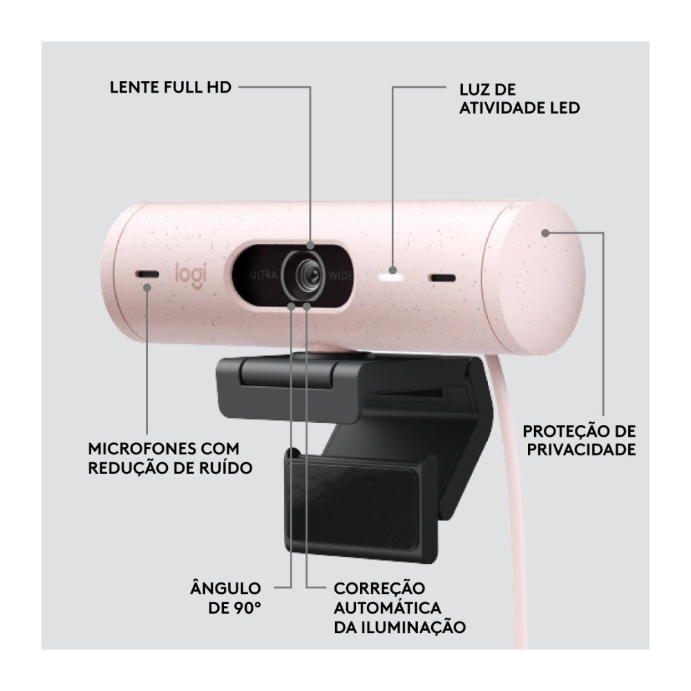 Webcam + Suporte Logitech Brio 500 Full HD, 1080p, 30 FPS, com Microfones Duplos, USB, Suporte Incluso, Rosa - 960-001418 - view 8