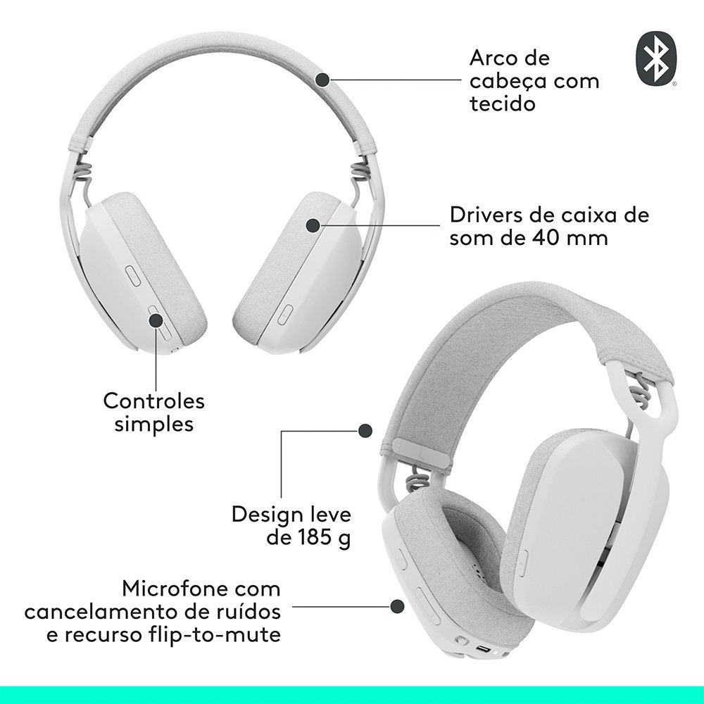 Imagem 6 de 10 do produto Headset Sem Fio Logitech Zone Vibe 100, Drivers 40 mm, USB, Bluetooth, PC, Mobile, Branco - 981-001218