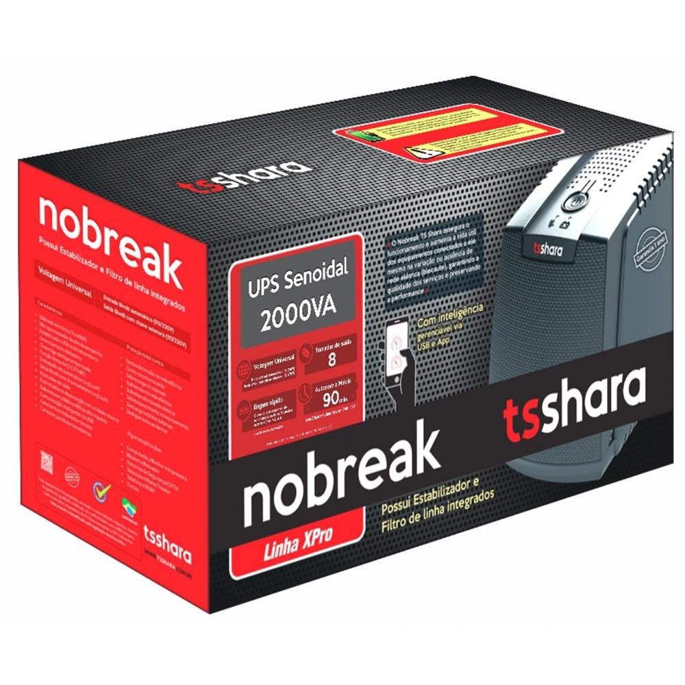 Nobreak UPS TS Shara XPro Senoidal Universal, 2000VA, Bivolt, Senoidal Pura, 2 Baterias Internas, 8 Tomadas, ABS, Preto - 4540