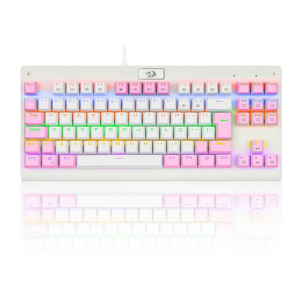 Teclado Mecânico Gamer Redragon Dark Avenger, Rainbow Branco e Rosa, Switch Blue, ABNT2, Branco - K568WP-R (PT-BLUE) Teclado Mecânico Gamer Redragon Dark Avenger, Rainbow Branco e Rosa, Switch Blue, ABNT2, Branco - K568WP-R (PT-BLUE)