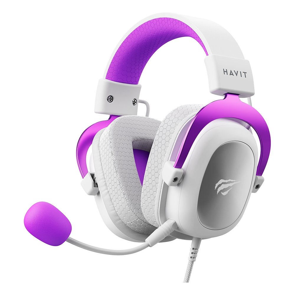 Headset Gamer Havit H2002D, Drivers 53mm, P3, XBOX ONE e PS4, Branco e Roxo - HV-H2002WP