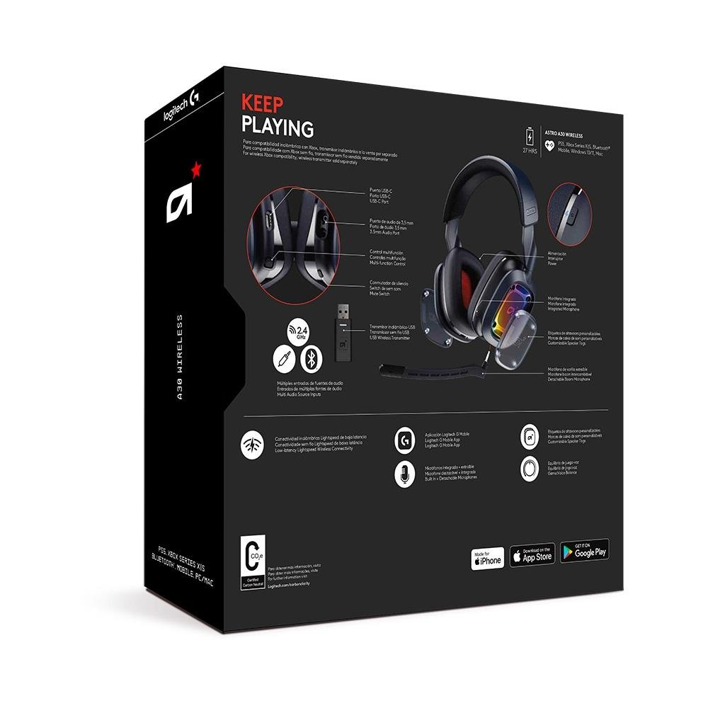 Imagem 9 de 10 do produto Headset Gamer Sem Fio Astro Gaming A30, Drivers 40mm, Bluetooth, PS e PC, Azul Escuro - 939-002007