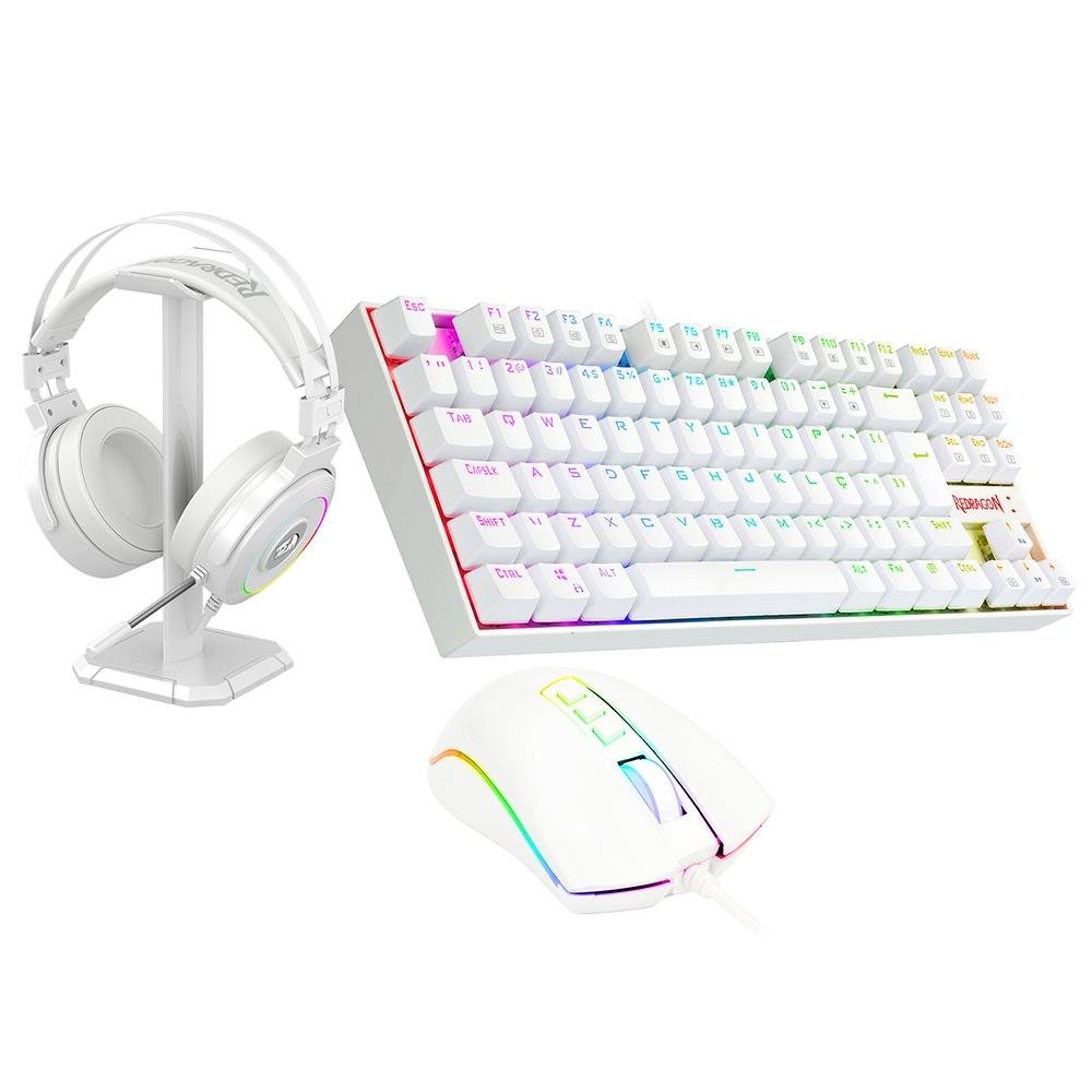 Imagem 2 de 12 do produto Kit Gamer Redragon RGB, Headset Lamia 2, Drivers 40mm + Teclado Kumara, Switch Outemu Brown, ABNT2 + Mouse Cobra, 12400 DPI, Branco - S125W