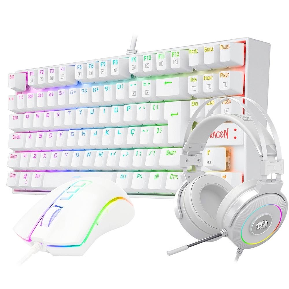 Imagem 3 de 12 do produto Kit Gamer Redragon RGB, Headset Lamia 2, Drivers 40mm + Teclado Kumara, Switch Outemu Brown, ABNT2 + Mouse Cobra, 12400 DPI, Branco - S125W