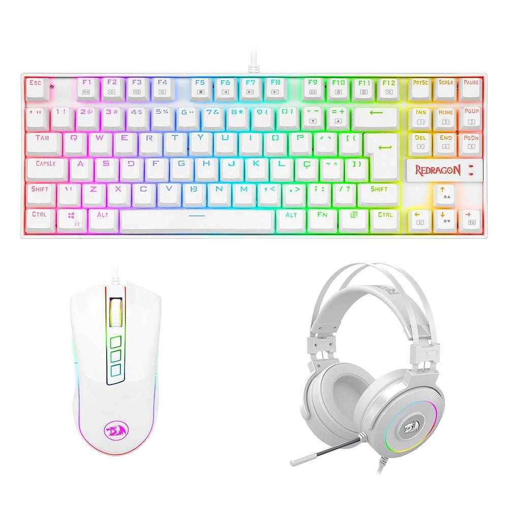 Imagem 5 de 12 do produto Kit Gamer Redragon RGB, Headset Lamia 2, Drivers 40mm + Teclado Kumara, Switch Outemu Brown, ABNT2 + Mouse Cobra, 12400 DPI, Branco - S125W