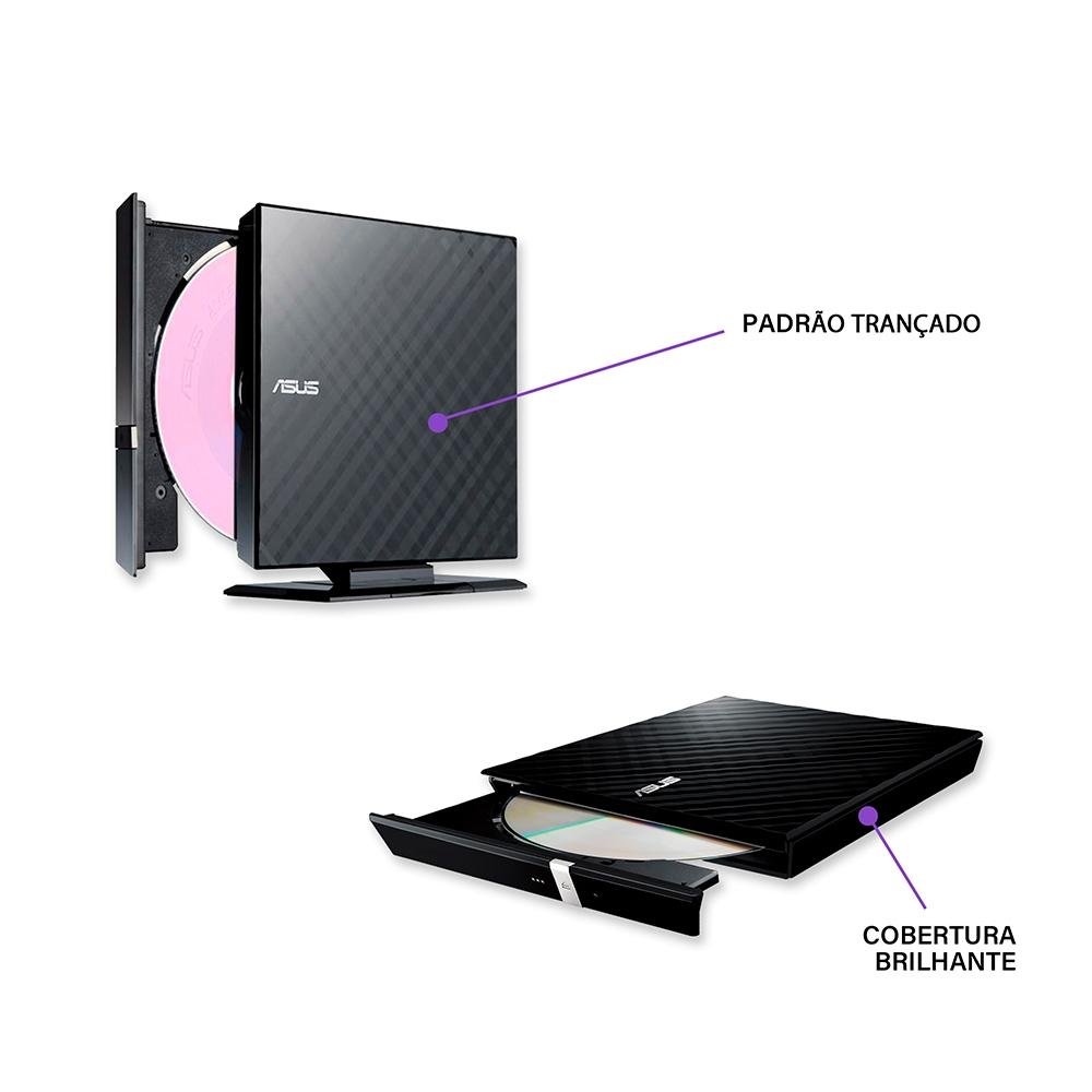 Imagem 3 de 5 do produto Drive ASUS Gravador Externo CD/DVD, Leitor CD/DVD, Windows e MAC, USB, Preto - SDRW-08D2S-U/BLK/G/AS