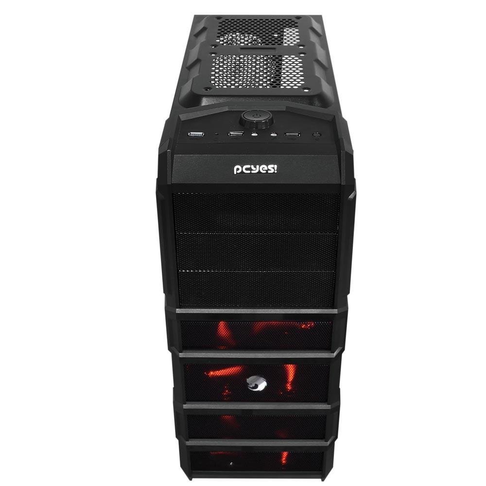 Gabinete Gamer PCYES mid-tower Rhino com 3 fans LED Vermelho Lateral em acrílico – RHINOPTOVM3FCA